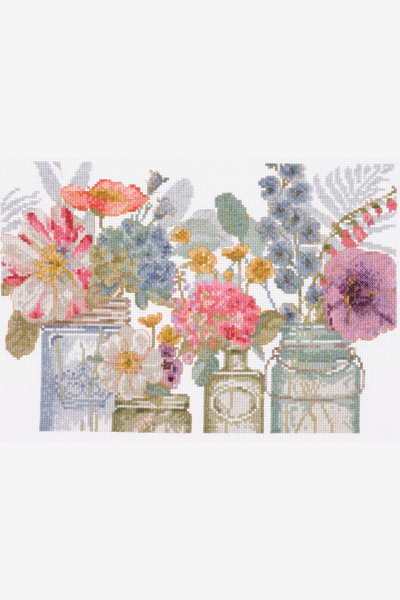 Gestempelt Stickpackung Kreuzstich Set Blumen Vase mit Bamwolle Garn und 