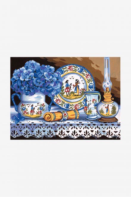 Cañamazo antique - Cerámica y hortensias