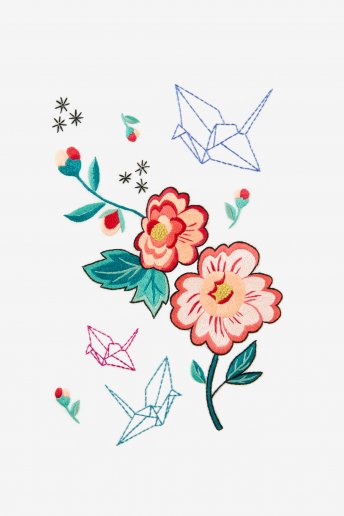Hello japan peónia de verão e pássaros origami - desenho
